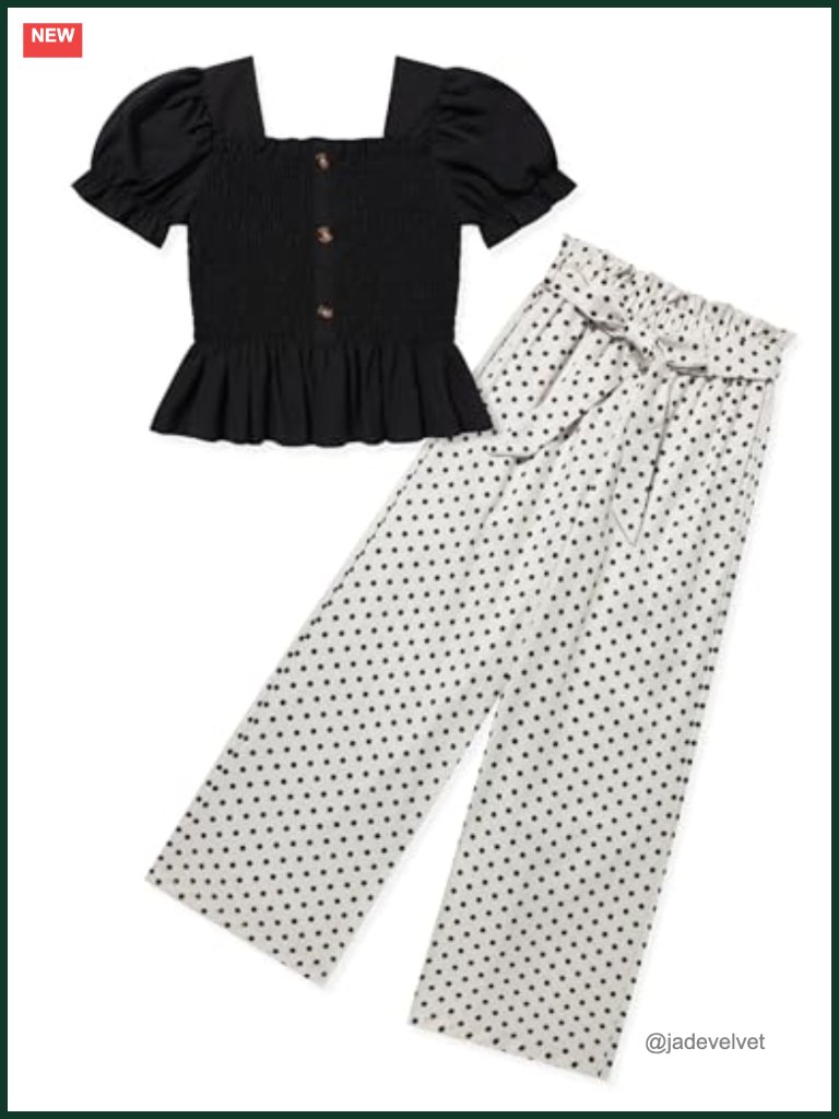 Girls Square Collar Ruffle Top & Wide Leg Pants Set Stretch